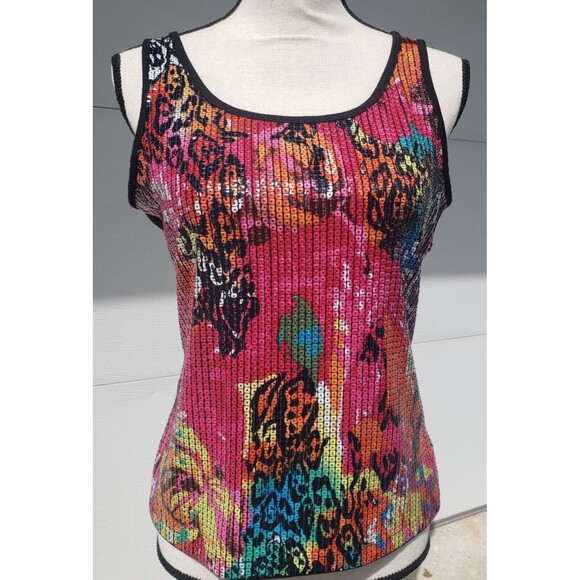 Peter Nygard Tops - Peter Nygard Women's Sz Small Tank Top Floral Sequin Bold Neon Pink Stretch